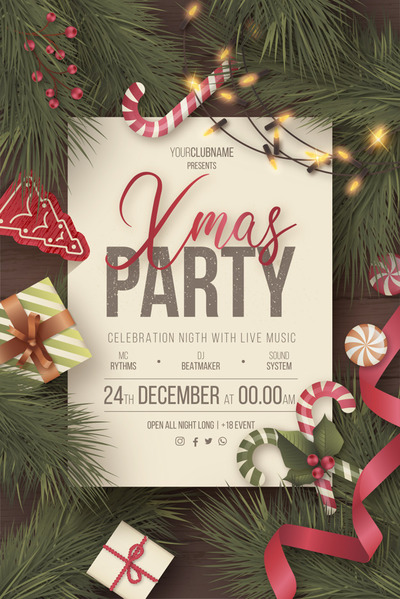圣诞节活动海报模板 Lovely christmas party poster with cute ornaments Vector