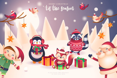 圣诞节卡通元素插画 Funny christmas card with santa and friends Vector