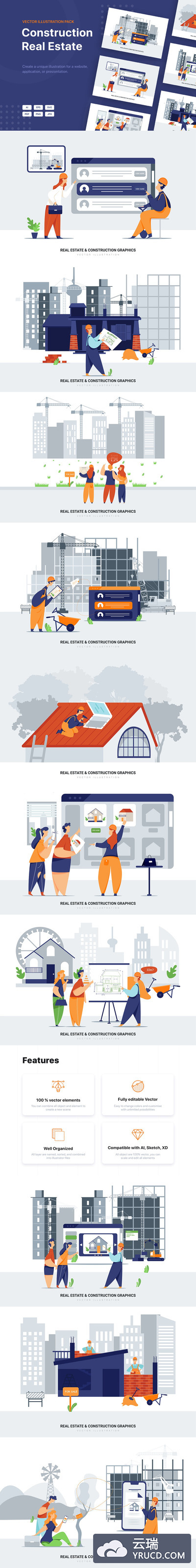 时尚高端简约扁平化风格的高品质房地产建筑建设banner海报矢量插画设计模板集合（AI，EPS，JPG，PDF，PNG，SVG）