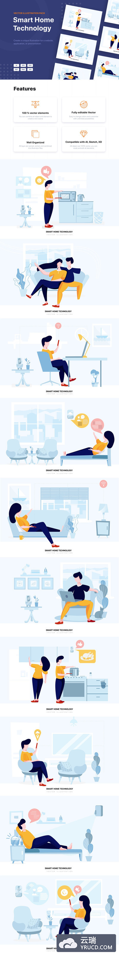 时尚高端简约流行风格的扁平化智能家居技术矢量场景banner海报插画设计模板（AI，EPS，JPG，PNG，PDF，SVG）