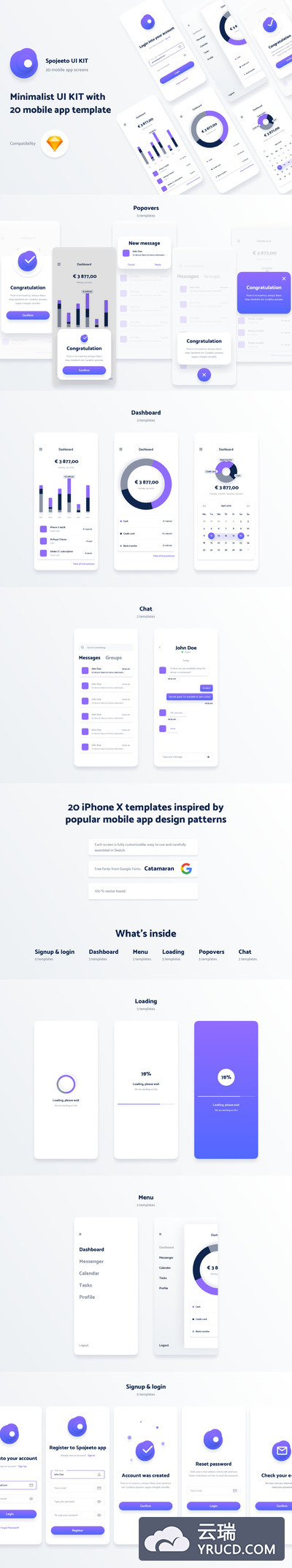 20个简约时尚高端多用途的高品质iPhone X模板的电子商务APP UI KITS（sketch）