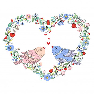 爱心花环与小鸟插画
