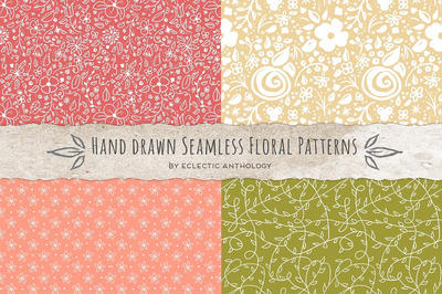手绘无缝花卉背景纹理 Hand Drawn Seamless Floral Patterns