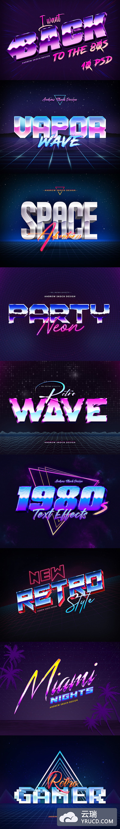 时尚高端绚丽80年代复古风格3D立体文字效果图层样式集合