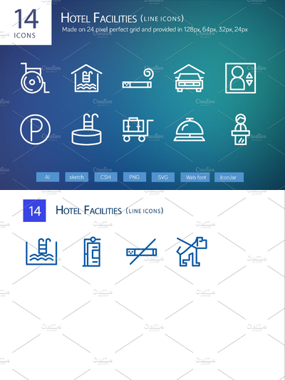 14个酒店设施图标 14 Hotel Facilities Line Icons
