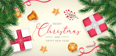 圣诞节广告横幅模板 Elegant christmas background with red and golden decoration PSD file