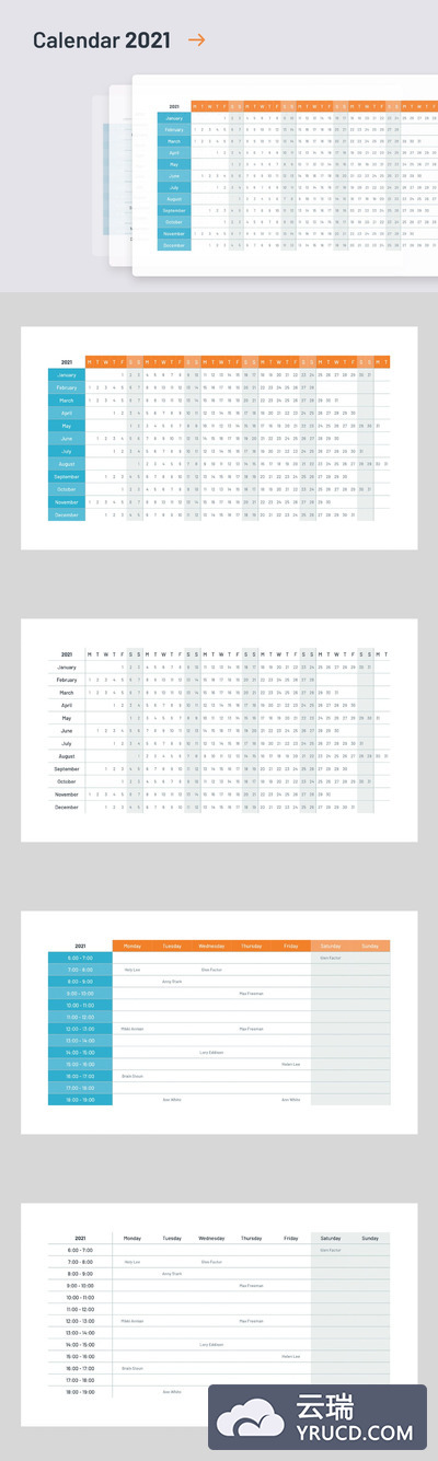 时尚高端简约少见的2021年日历台历日期时间powerpoint幻灯片演示模板（pptx）