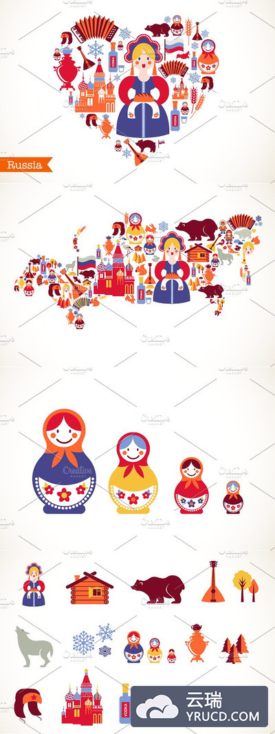 俄罗斯元素爱心插画 Russia heart + map with icons