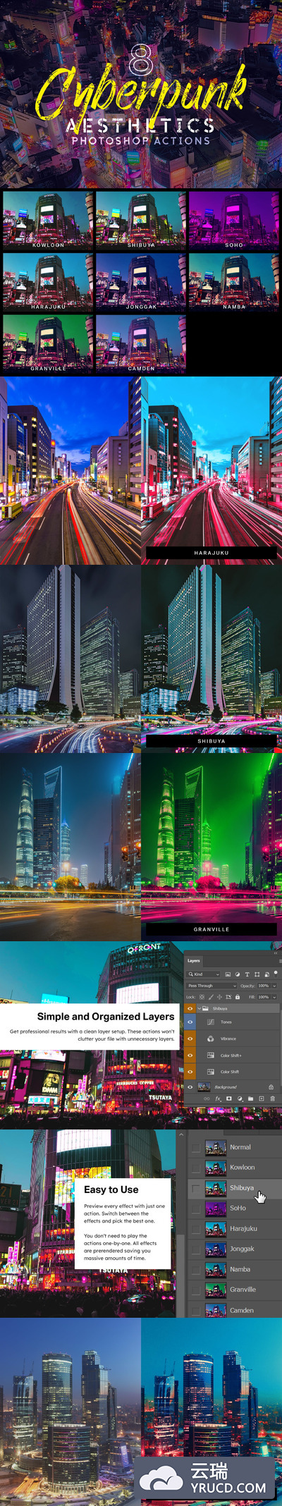 8个时尚高端绚丽赛博朋克美学photoshop动作和LUT预设