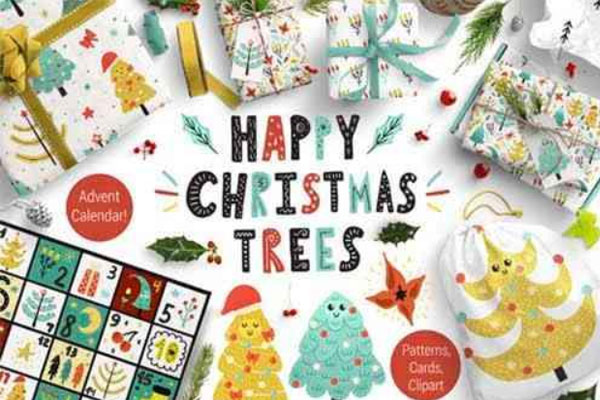 圣诞节装饰元素圣诞树插画/图案素材合集