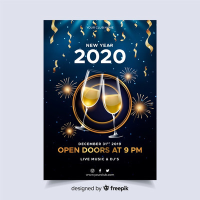 新年庆祝海报模板 Realistic new year 2020 party poster template Vector