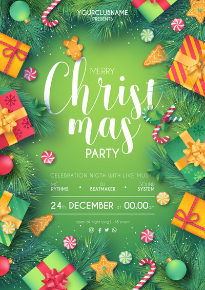 圣诞节活动海报模板 Green & red christmas party poster ready to print Vector