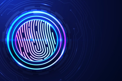 指纹识别科技背景 Colorful neon fingerprint background Vector