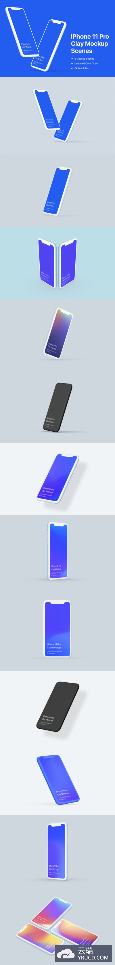 多角度的iPhone 11 Pro APP UI样机黏土展示模型mockups
