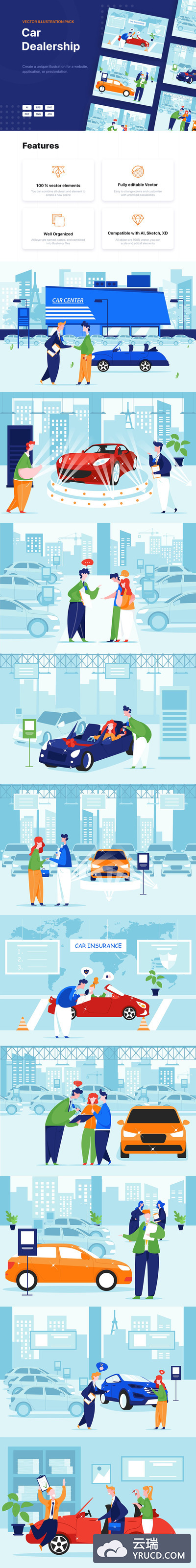 时尚简约好用的高品质汽车经销商4S店二手车矢量插画banner海报设计模板集合（AI，EPS，JPG，PDF，PNG，SVG）