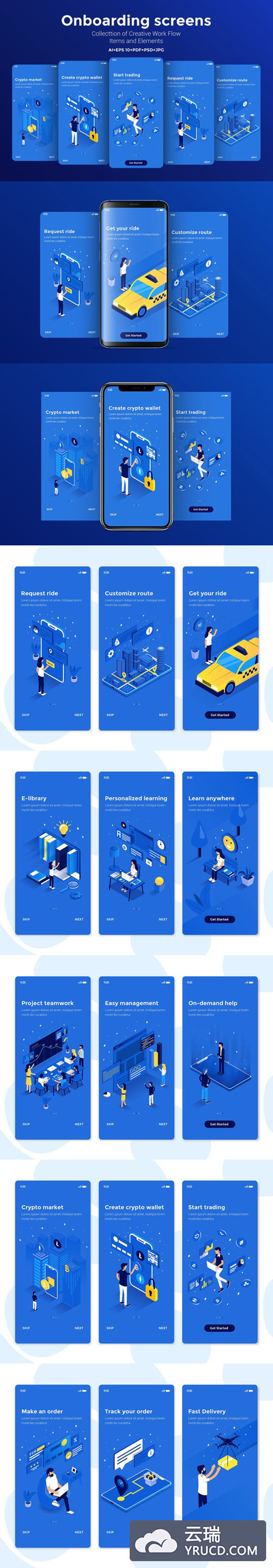 2.5D插画 | 矢量现代化概念智能手机自适应网站合并屏幕主题UX现代用户界面人物生活办公场景Classic Blue经典蓝