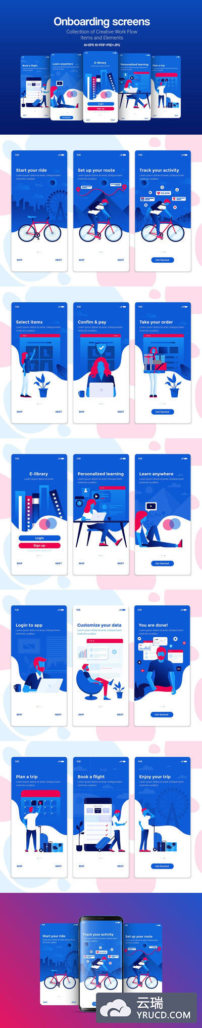 2.5D插画 | 15个现代化人物办公场景智能手机合并屏幕主题用户界面完整UI模板