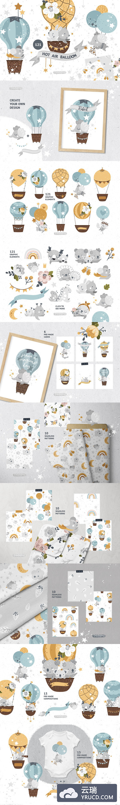 动物热气球梦幻插画图案下载[EPS]