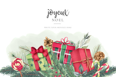 圣诞节元素 Christmas greeting card with lovely watercolor presents Vector