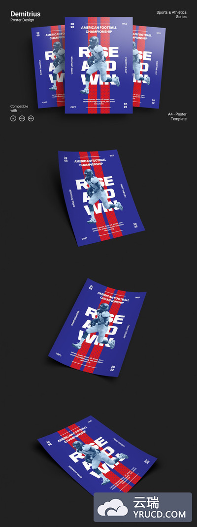 高品质的时尚震撼美式足球橄榄球运动海报设计模板（AI，EPS，PSD，JPG）