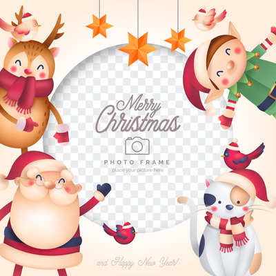 卡通圣诞人物素材 Funny christmas photo frame with santa and his friends Vector