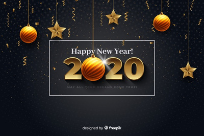 现代奢华2020新年广告元素 Realistic new year 2020 with balls and stars Vector