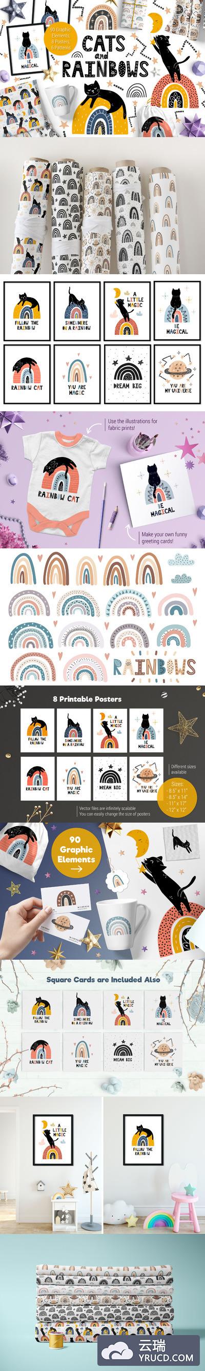 可爱的猫与彩虹卡通剪贴画素材合集