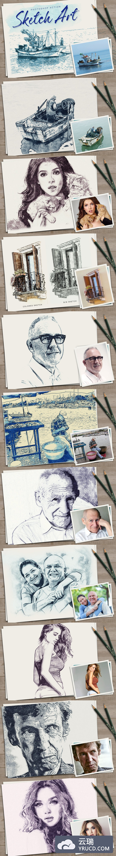 精美的复古素描艺术铅笔画ps动作