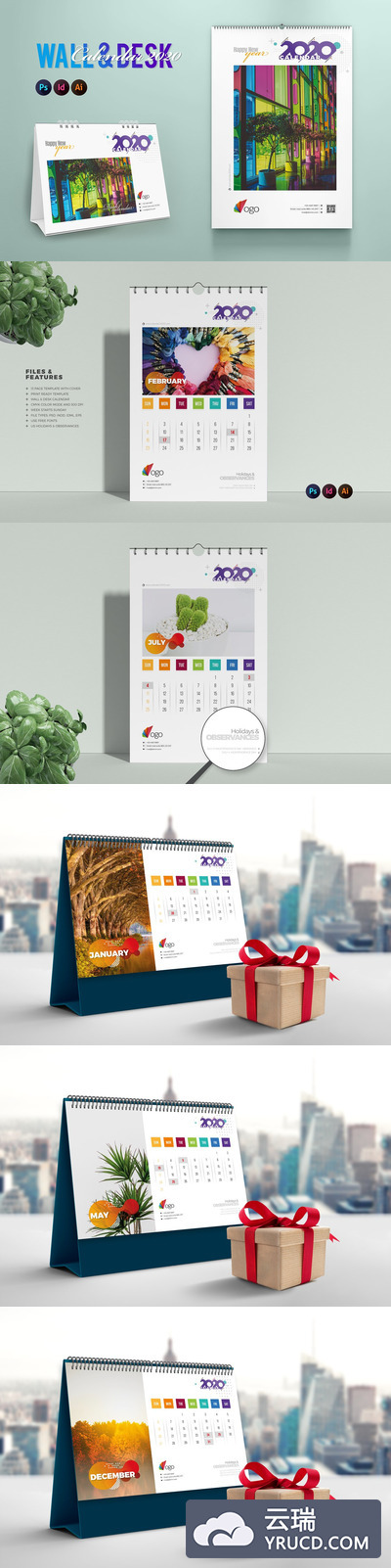 2020最新款台历+挂历组合设计模板套装下载[EPS,PSD,indd]