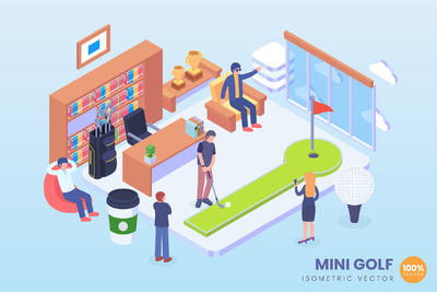 2.5风格的迷你办公室高尔夫矢量插画素材下载[Ai]