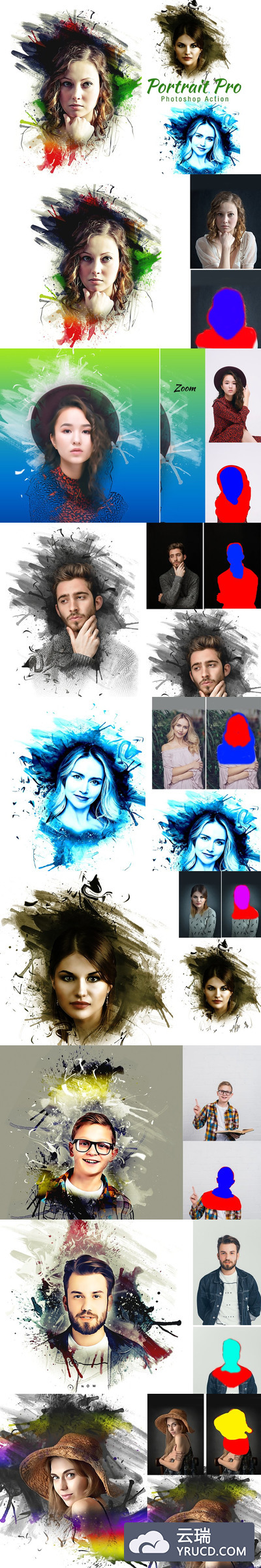 泼墨水彩背景人物肖像照片处理ps动作下载