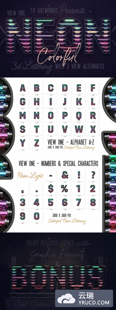 时尚高端绚丽3D立体霓虹灯效果英文字母字体大集合