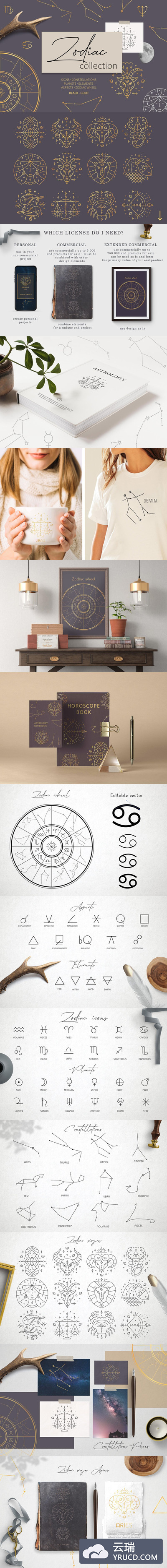 黄道十二宫和星座图标&插画素材