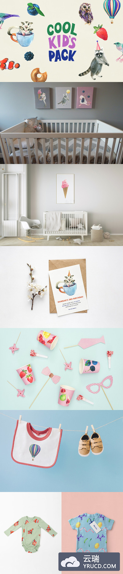 插画 | 有趣独特可爱动物美味水果明亮植物手绘水彩图案儿童套装元素