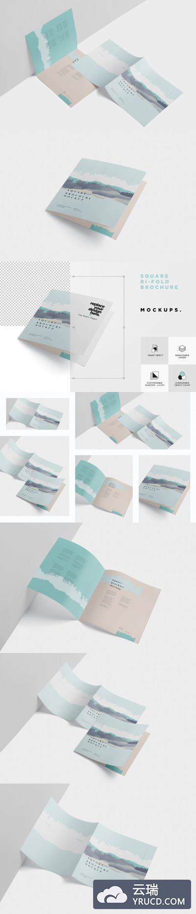 Mockups | 高级蓝色绿色高解析度智能对象4个PSD方形双折小册子样机集