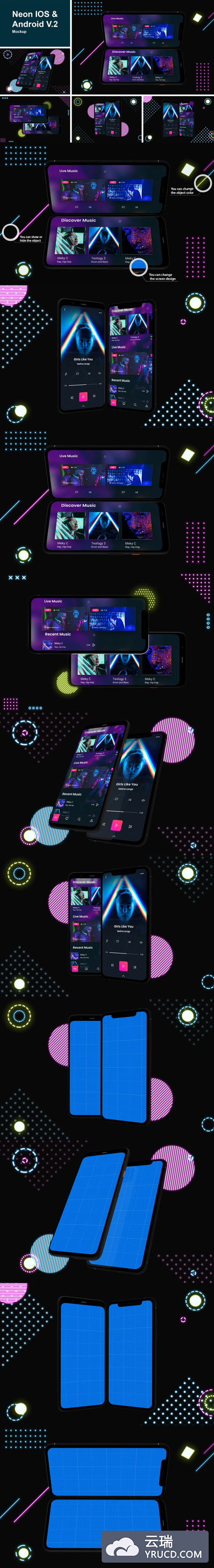 时尚高端震撼绚丽的霓虹灯质感的iOS和android安卓手机APP UI样机展示模型mockups V.2