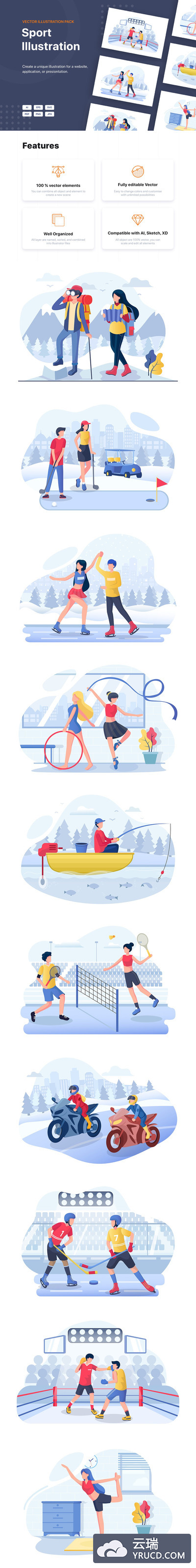 高端时尚简约扁平化运动爱好矢量插画插图banner海报设计模板集合（AI，EPS，JPG，PDF，PNG，SVG）