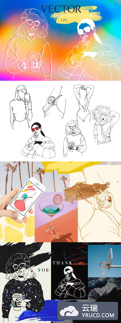 插画 | 6个新潮时尚手绘水墨墨迹矢量eps黑色素描女孩集