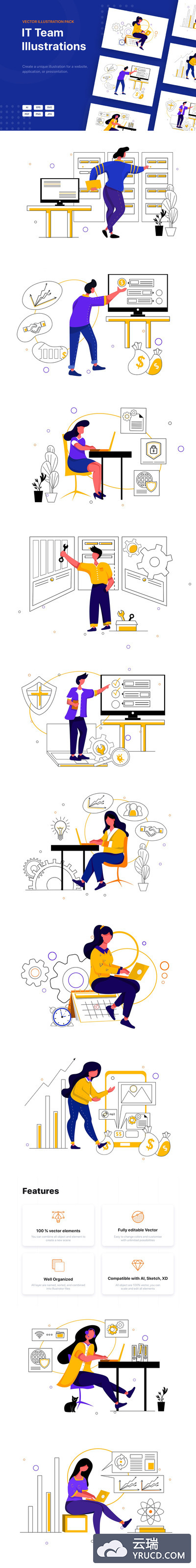 时尚高端简约IT工程师团队合作插图海报banner UI插画设计模板集合（AI，EPS，JPG，PDF，PNG，SVG）