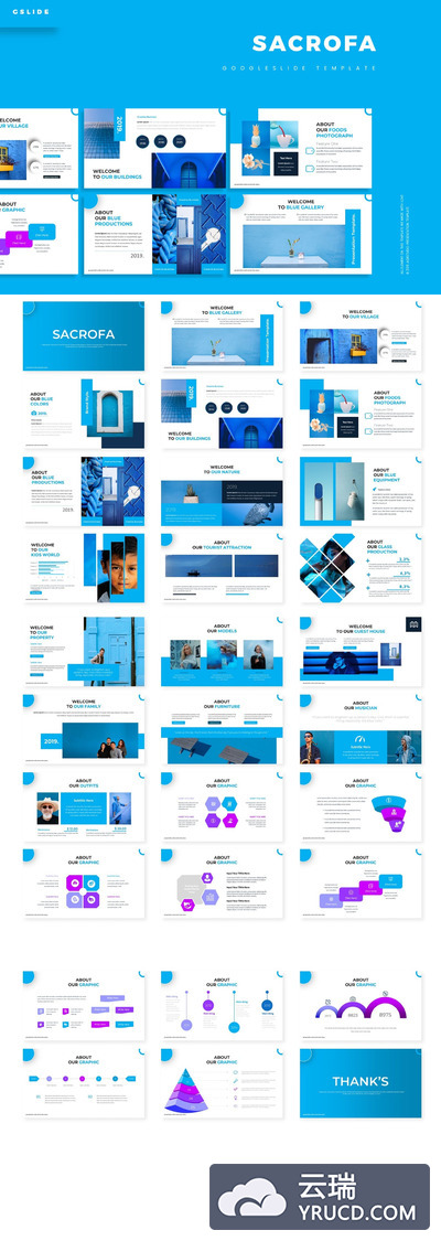 PPT模板 | 蓝色多功能演示业务个人品牌信息图画廊作品集幻灯片Google SLides模板