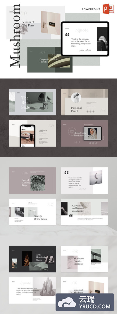 PPT模板 | 高级灰创新创意文艺INS杂志画廊风艺术设计风格预制幻灯片