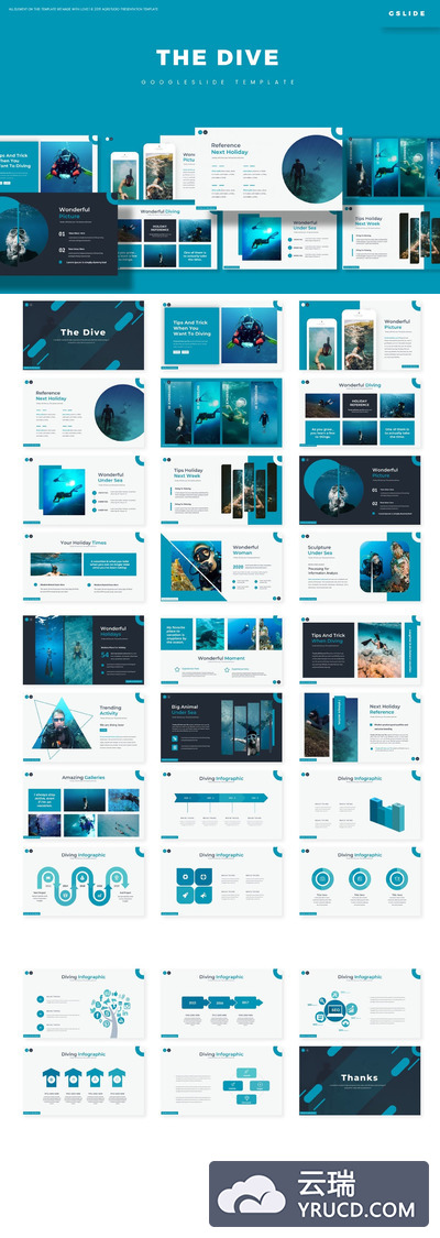 时尚高端简约潜水主题的Google Slides谷歌幻灯片演示模板（pptx）