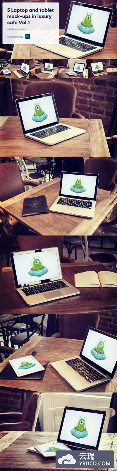 5卷咖啡馆中的笔记本电脑和平板电脑模型APP UI样机展示模型mockups