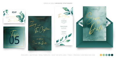金色字体绿色背景婚礼邀请函 Green and gold wedding stationery template Vector