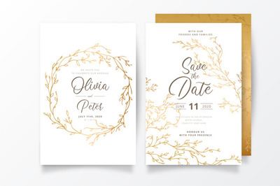 带有金色树枝装饰的婚礼邀请函模板 Wedding invitation template with golden branches Vector
