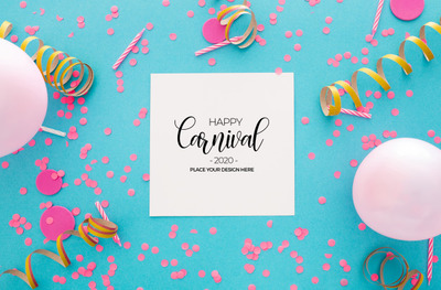 多彩狂欢节庆祝背景 Carnival background with confetti and balloons on blue PSD file