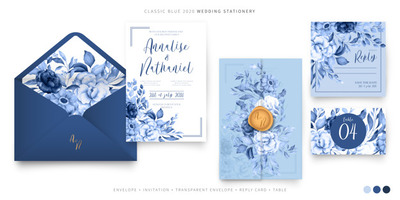 经典的蓝色婚礼布景模板 Wedding set template in classic blue Vector