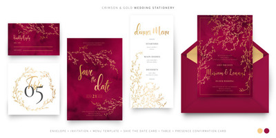 优雅的深红色背景金色字体树枝设计婚礼模板 Crimson and gold elegant wedding set Vector