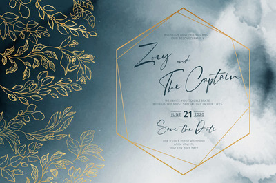 古典海军蓝泼墨背景婚礼邀请函 Navy wedding invitation with golden frame and leaves Vector