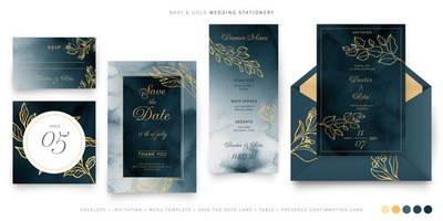 古典海军蓝泼墨背景婚礼请柬 Navy and gold wedding stationery template Vector
